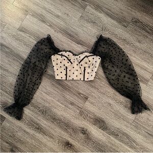 Runaway The Label Polka Dot Puff-Sleeve Bustier Crop Top - Black & Cream